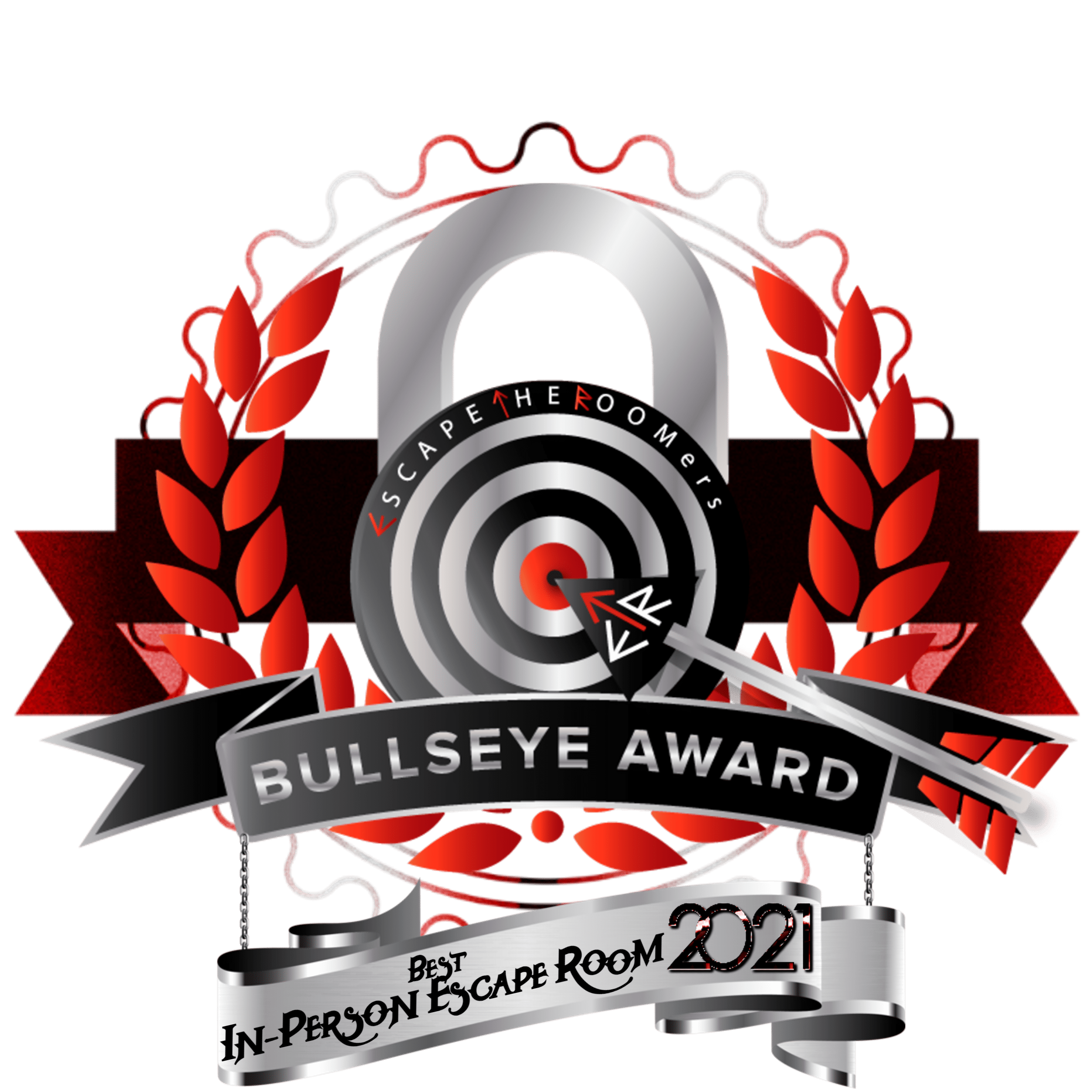Bullseye Award 2021 for Best In-Person Escape Room, featuring a target and lock design, framed by laurel leaves and decorative elements.