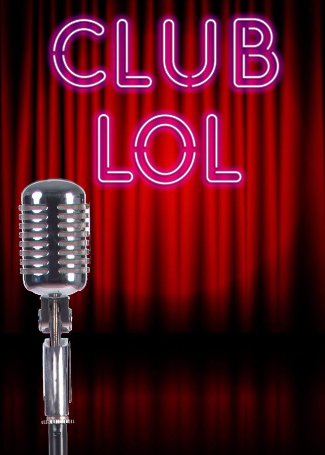 Vintage microphone in front of red theater curtains, illuminated by the neon "CLUB LOL" sign, suggesting a comedy or performance venue.