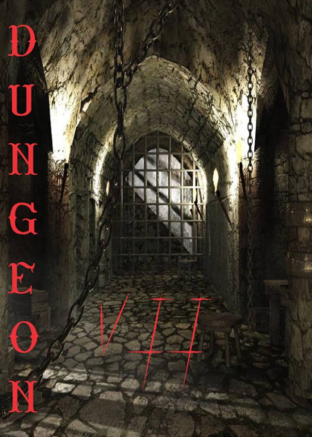 Gloomy dungeon interior featuring stone walls, chains, and a barred gate. The text "Dungeon VII" appears prominently, hinting at a fantasy theme.