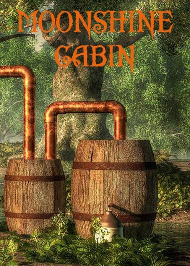 Wooden barrels with copper pipes, set in a lush forest, represent a traditional moonshine distilling setup, emphasizing rustic charm and craftsmanship.