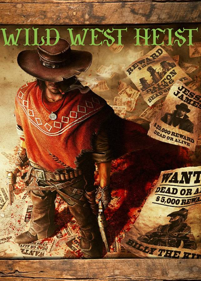Cowboy character in a rugged outfit stands over wanted posters, embodying a Wild West theme. The image highlights adventure and legendary outlaws.