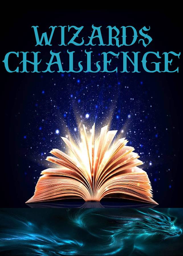 "An open, glowing book emits light against a starry background, with the title 'Wizards Challenge' prominently displayed, suggesting a magical theme."
